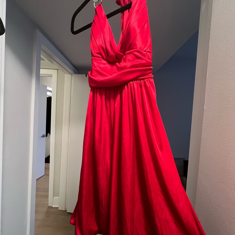 Red shiny halter dress